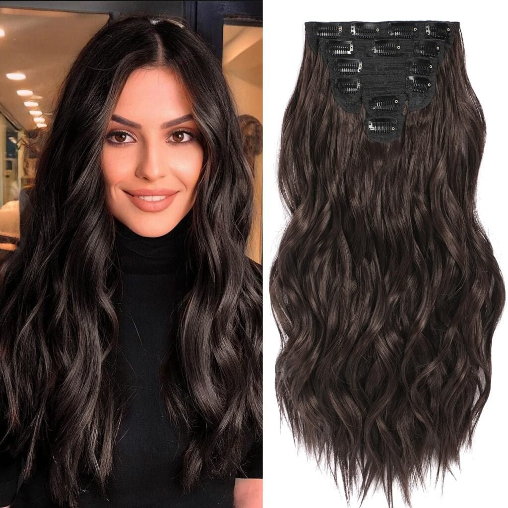 Clip in Hair Extensions, 6 PCS Natural  Soft Hair  Blends Well Hair Extensions, Dark Brown Long Wavy Hairpieces(20inch, 6pcs, Dark Brown)