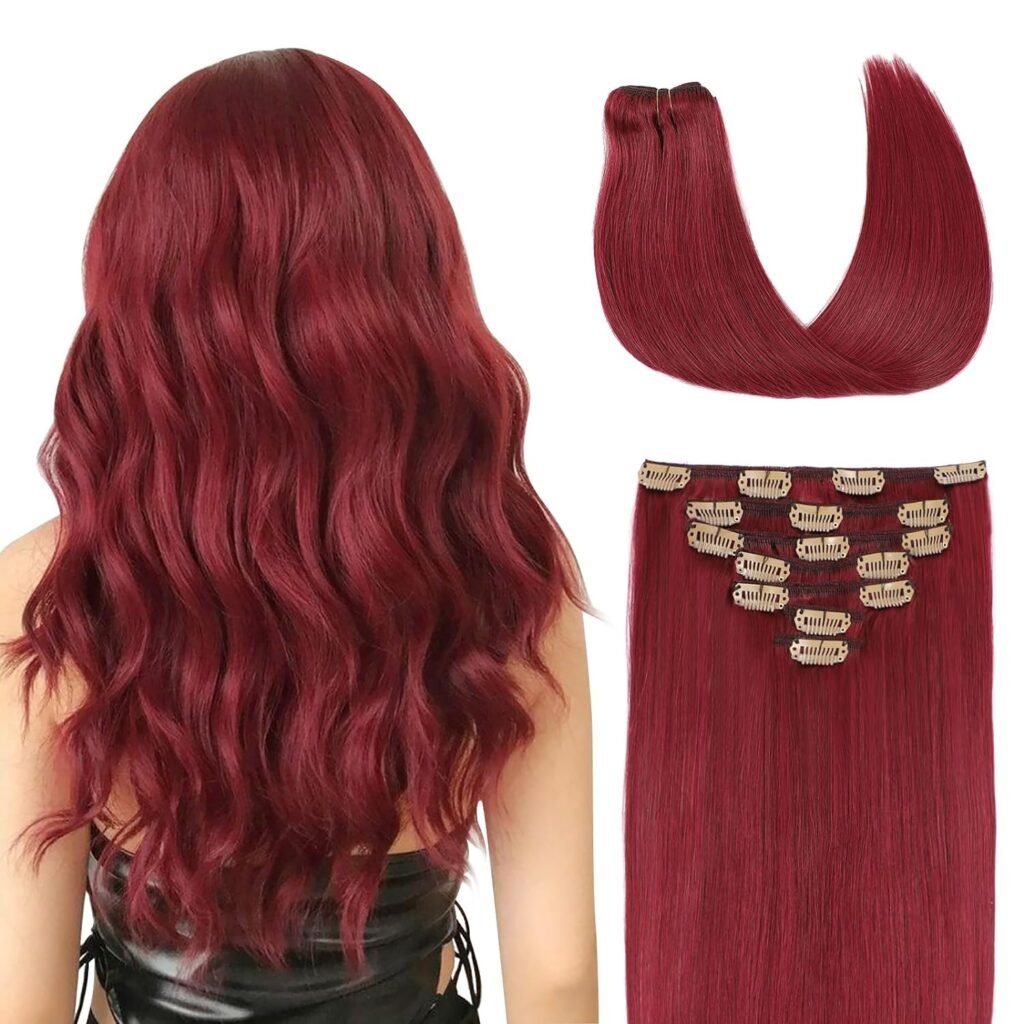 Clip in Hair Extensions Burgundy,99J 100% Real Human Hair,14inch 7Pcs 70g Straight Silky Hair Extensions Dark Red For Women Natural Hair