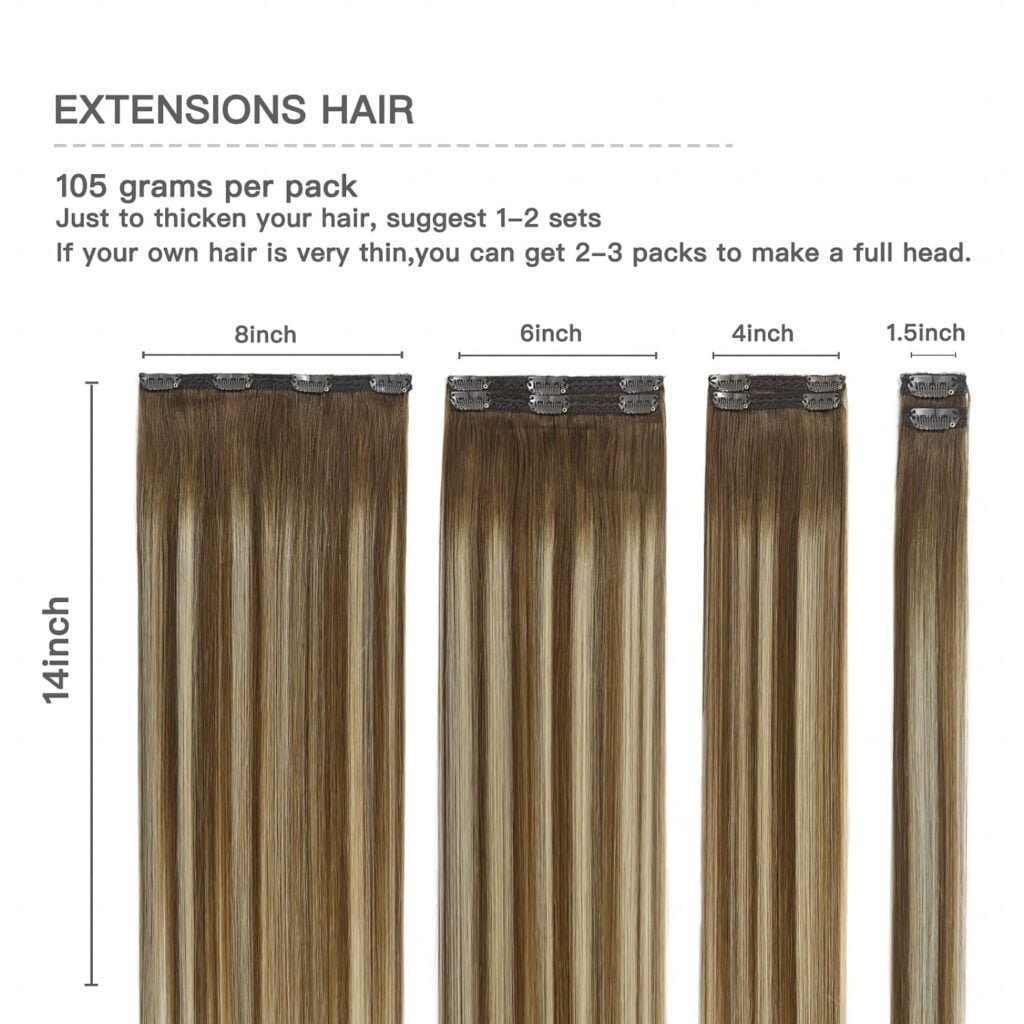 Clip in Hair Extensions Chestnut Brown Balayage to Platinum Blonde Mix Brown Real Human Hair Medium Brown Ombre Hair Extensions Remy Human Hair Clip in Extensions 14Inch 7Pcs 105g