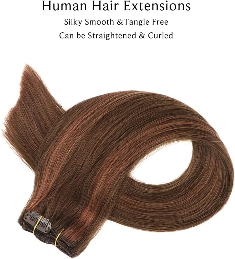 Clip in Hair Extensions, Chocolate Brown to Auburn Clip in Hair Extensions Real Human Hair Clip ins, 18 Inch 7 Pieces 70G Double Weft Straight Remy Human Hair Clip in Extensions