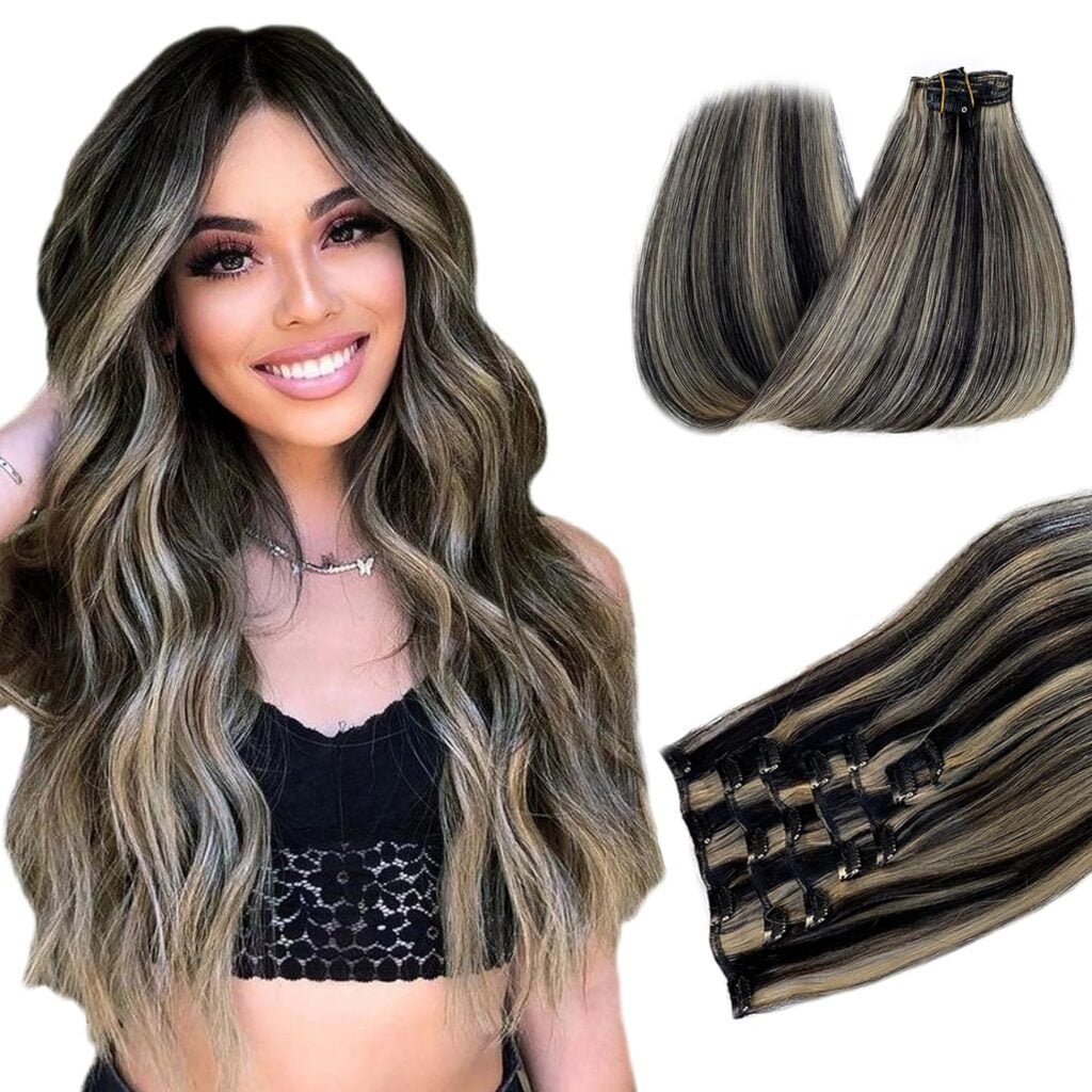 Clip in Hair Extensions Human Hair Balayage Black Mix Blonde 12 Inch 70g 7Pcs Real Hair Extensions Clip in Human Hair Seamless Remy Hair Extensions Clip ins