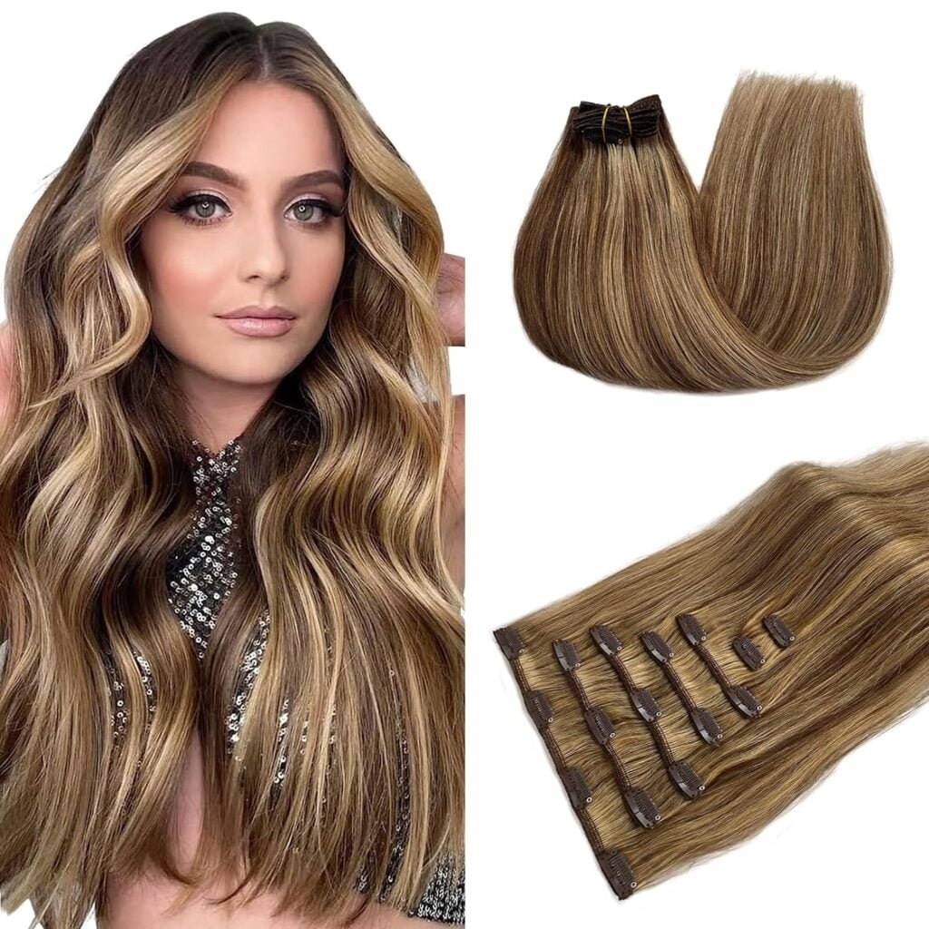 Clip in Hair Extensions Human Hair Balayage Black Mix Blonde 12 Inch 70g 7Pcs Real Hair Extensions Clip in Human Hair Seamless Remy Hair Extensions Clip ins