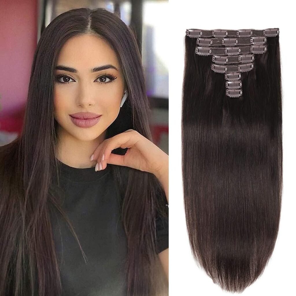Clip in Hair Extensions Human Hair, Dark Brown Human Hair Clip in Hair Extensions Real Human Hair 8pcs Double Lace Weft 100g Brazilian Virgin Human Hair Extensions (16 Inch, #2 Dark Brown)