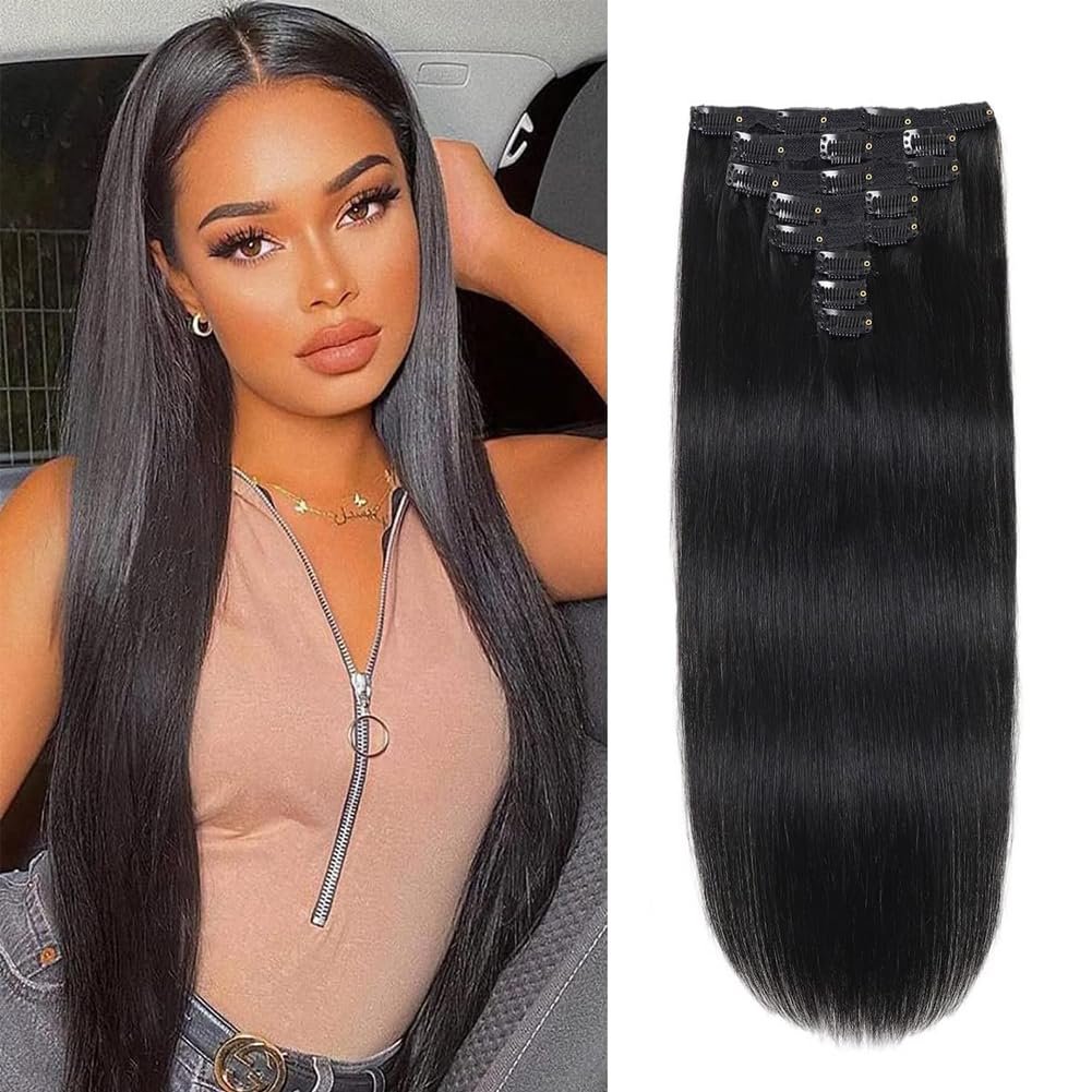 Clip in Hair Extensions Human Hair, Dark Brown Human Hair Clip in Hair Extensions Real Human Hair 8pcs Double Lace Weft 100g Brazilian Virgin Human Hair Extensions (16 Inch, #2 Dark Brown)