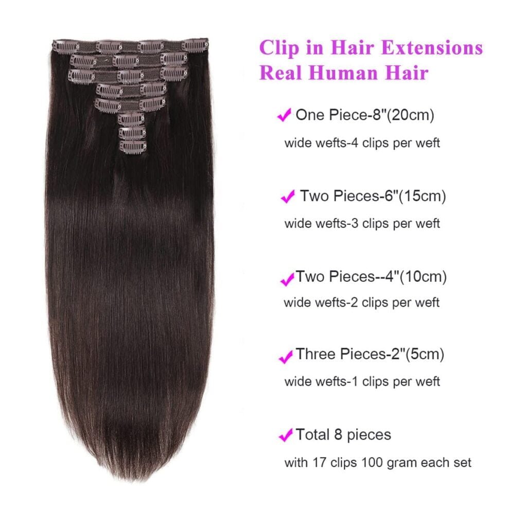 Clip in Hair Extensions Human Hair, Dark Brown Human Hair Clip in Hair Extensions Real Human Hair 8pcs Double Lace Weft 100g Brazilian Virgin Human Hair Extensions (16 Inch, #2 Dark Brown)