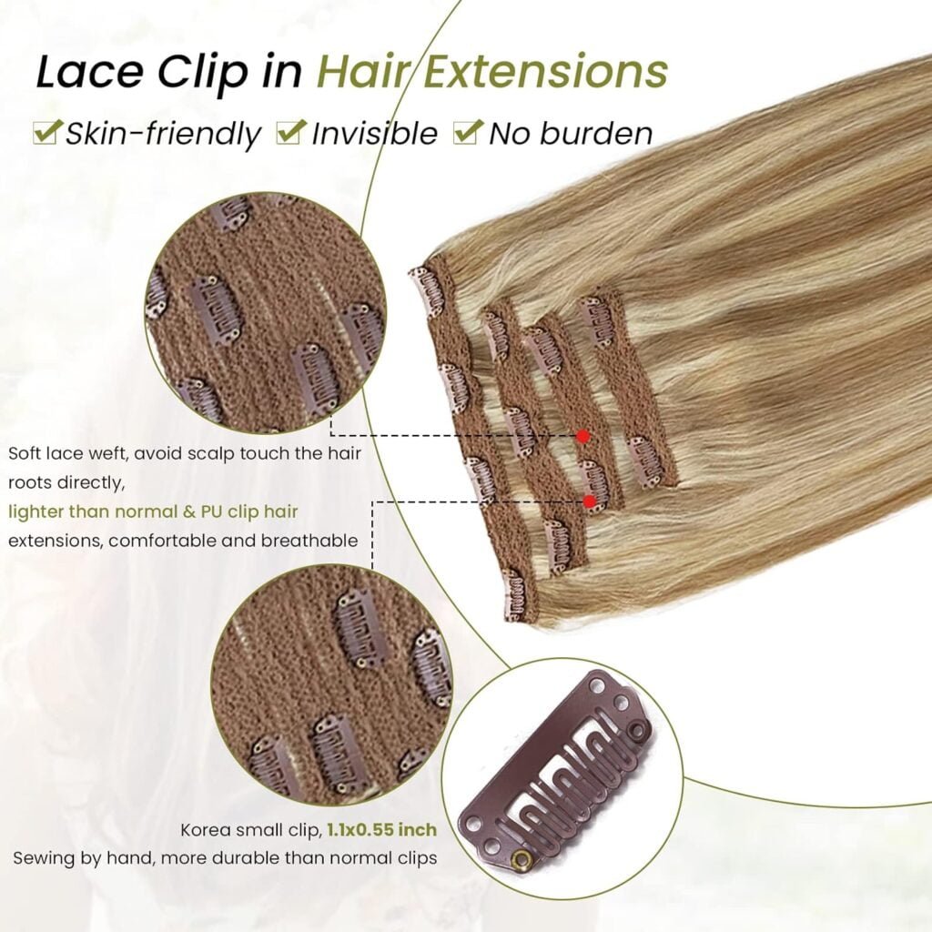 Clip in Hair Extensions Human Hair Lace Weft 100G Thicken 9A Human Hair Clip in Extensions for White Women Colored Blonde Highlights Clip on Real Human Hair Extensions Double Weft Full Head 18 Inch
