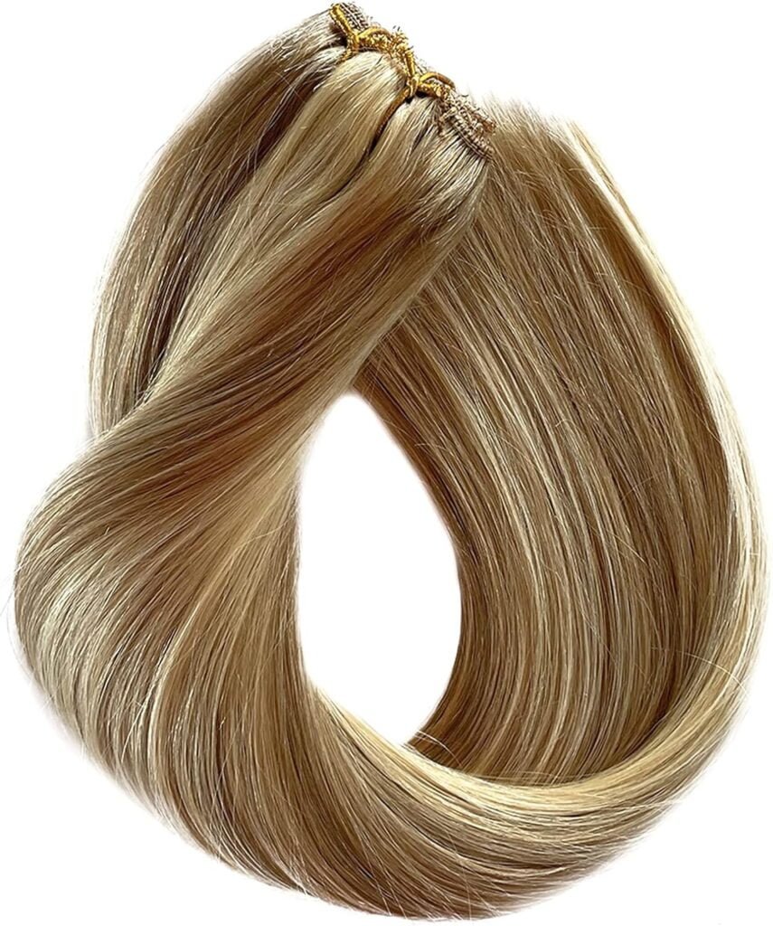 Clip in Hair Extensions Human Hair Lace Weft 100G Thicken 9A Human Hair Clip in Extensions for White Women Colored Blonde Highlights Clip on Real Human Hair Extensions Double Weft Full Head 18 Inch