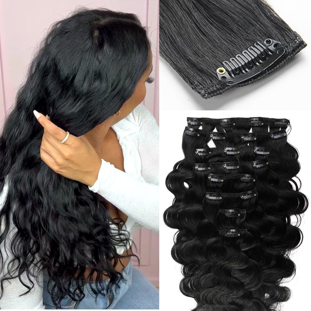Clip in Hair Extensions Real Human Hair, 135g 8pcs Natural Black Hair Extensions Clip ins for Black Women Full And Thick Body Wave Clip in Human Hair Extensions 20 Clips Easy to Wear 14 Inch