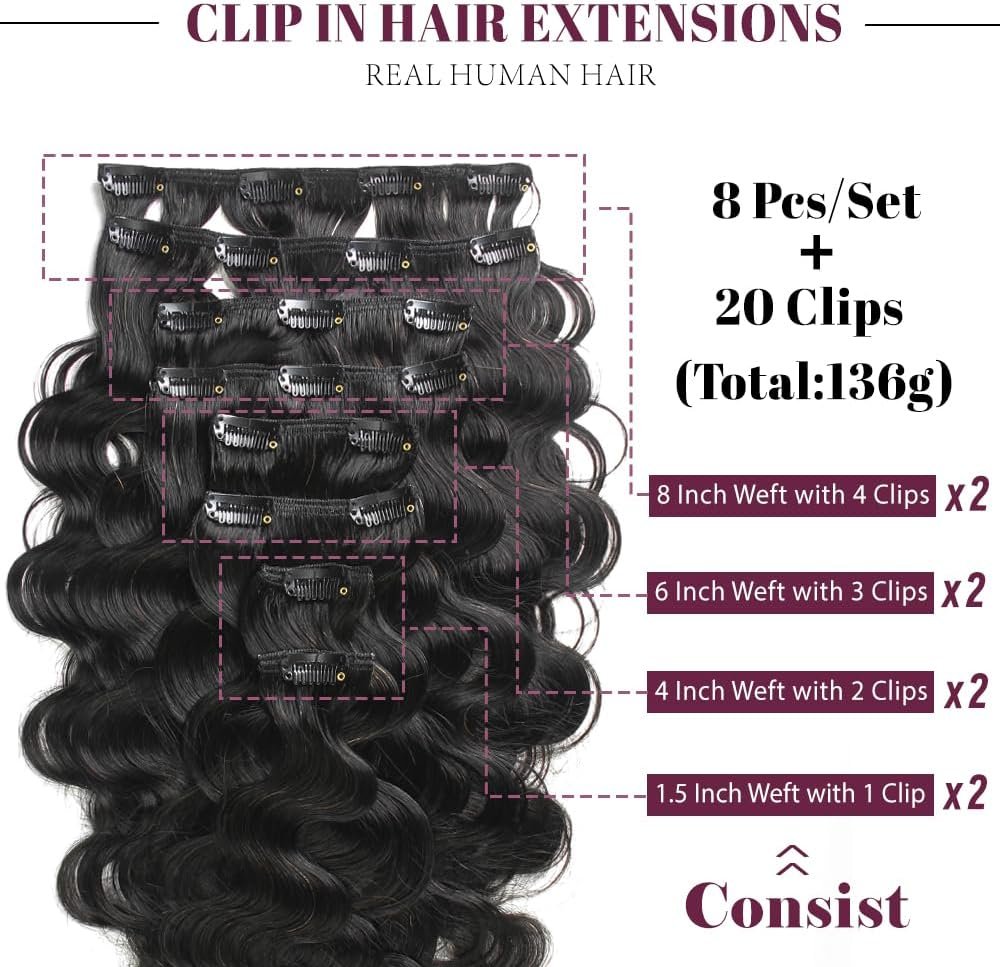 Clip in Hair Extensions Real Human Hair, 135g 8pcs Natural Black Hair Extensions Clip ins for Black Women Full And Thick Body Wave Clip in Human Hair Extensions 20 Clips Easy to Wear 14 Inch