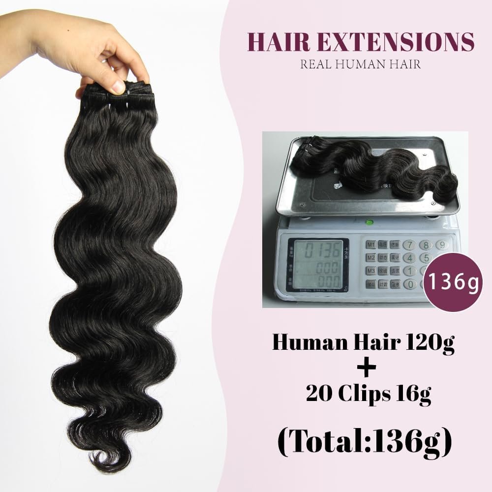 Clip in Hair Extensions Real Human Hair, 135g 8pcs Natural Black Hair Extensions Clip ins for Black Women Full And Thick Body Wave Clip in Human Hair Extensions 20 Clips Easy to Wear 14 Inch