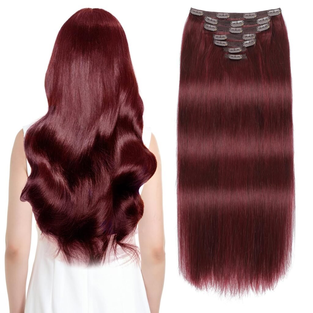 Clip in Hair Extensions Real Human Hair, 140g 7pcs Human Hair Clip in Hair Extensions Burgundy Red, Hair Extensions Real Human Hair Clip ins 16 Inch Straight Double Weft