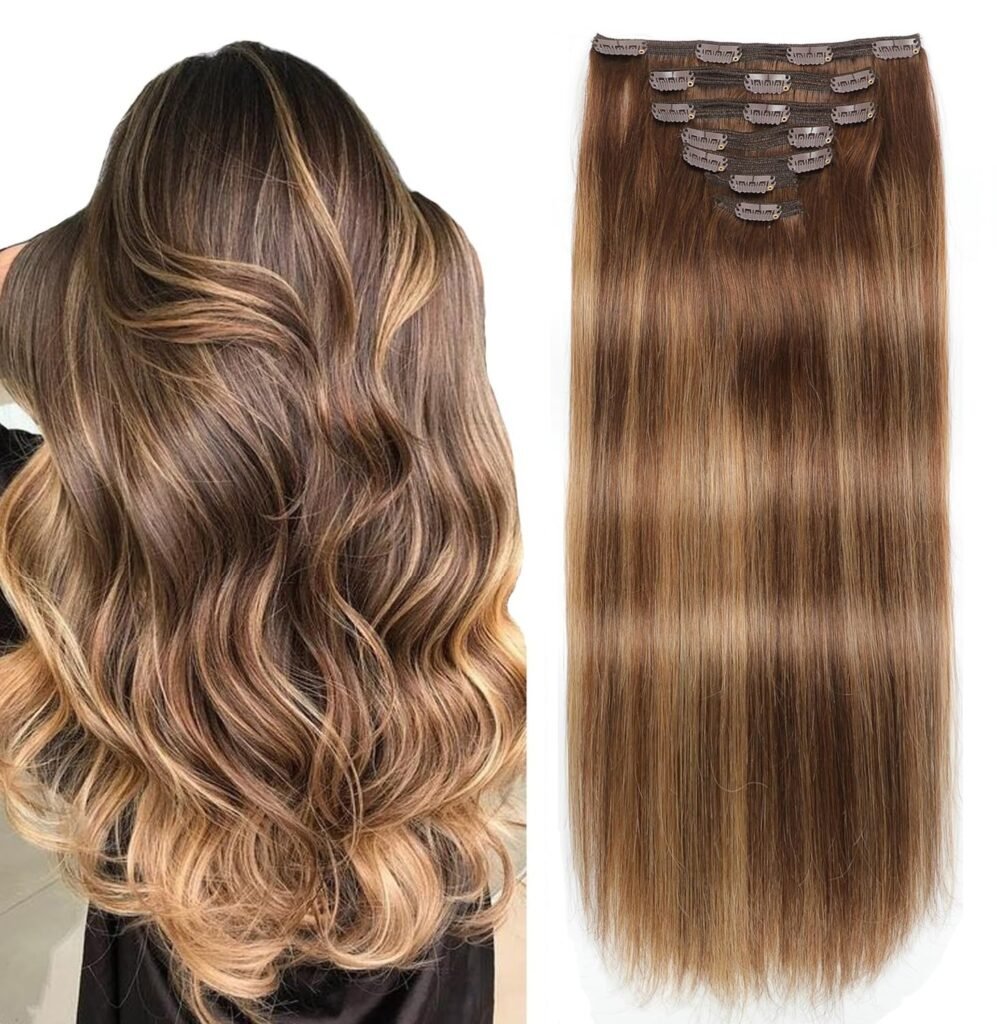 Clip in Hair Extensions Real Human Hair, 140g 7pcs Human Hair Clip in Hair Extensions Burgundy Red, Hair Extensions Real Human Hair Clip ins 16 Inch Straight Double Weft