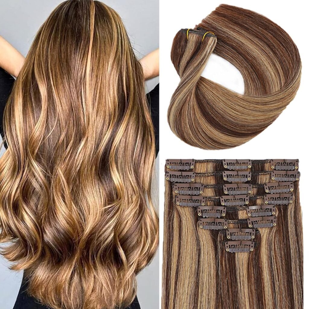 Clip in Hair Extensions Real Human Hair 8pcs 75g with 18Clips Clip in 100% Human Hair Extensions Brazilian Virgin Human Hair Dark Brown/Blonde Double Weft Human Hair Clip in Extensions 22Inch 4P27