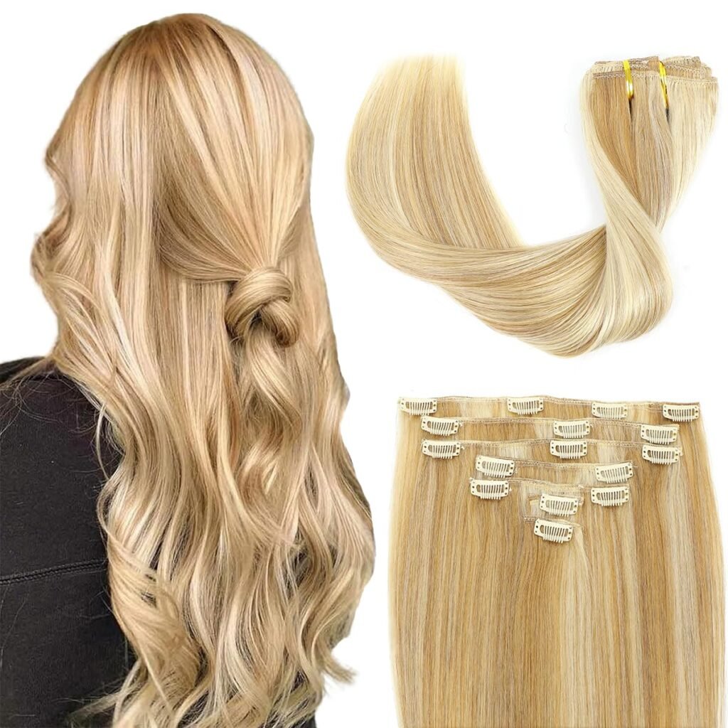 Clip in Hair Extensions Real Human Hair Blonde Clip in Hair Extensions 18inch 110g 7pcs Caramel Blonde to Bleach Blonde Highlight Human Hair Straight Extensions Clip in for Women