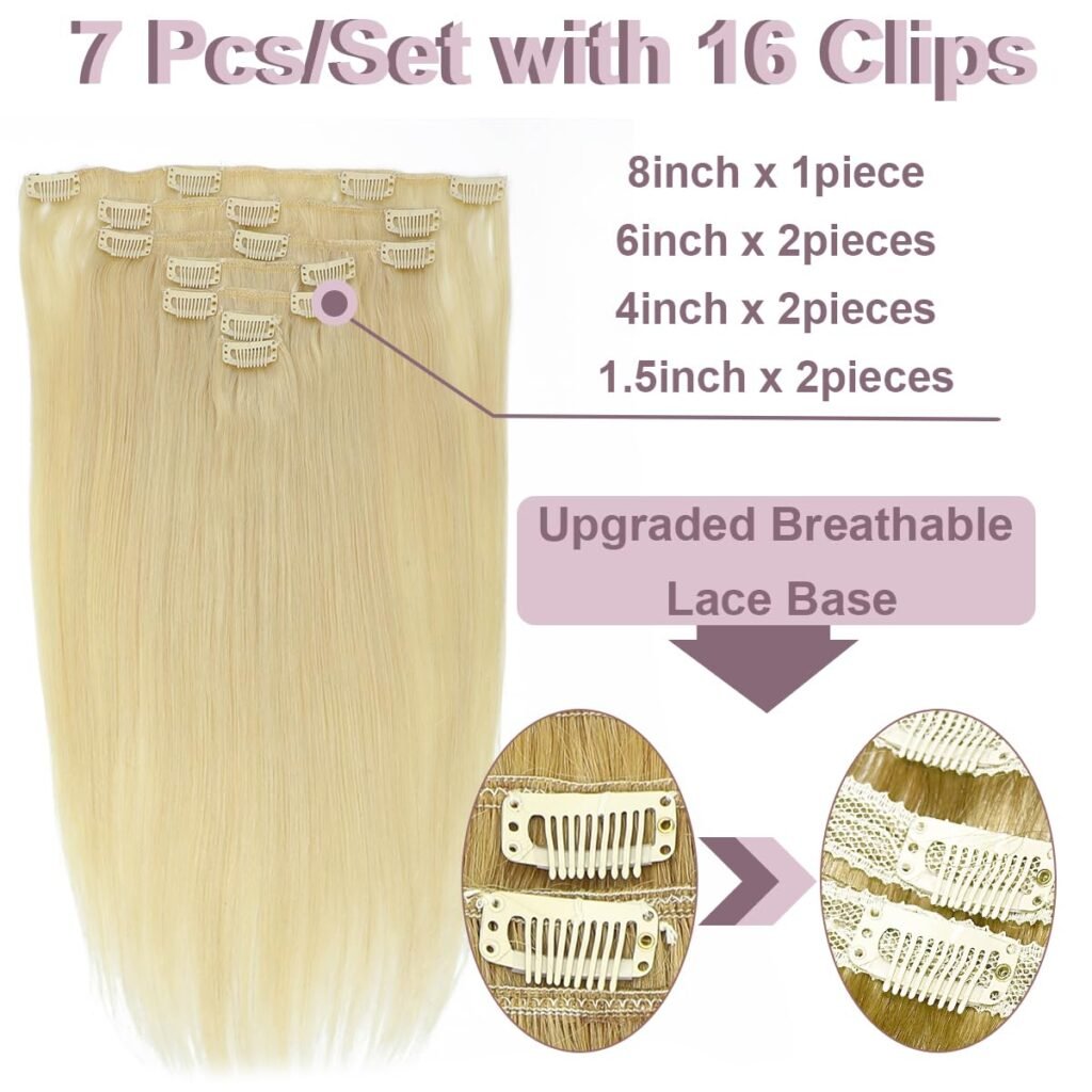 Clip in Hair Extensions Real Human Hair Blonde Clip in Hair Extensions 18inch 110g 7pcs Caramel Blonde to Bleach Blonde Highlight Human Hair Straight Extensions Clip in for Women