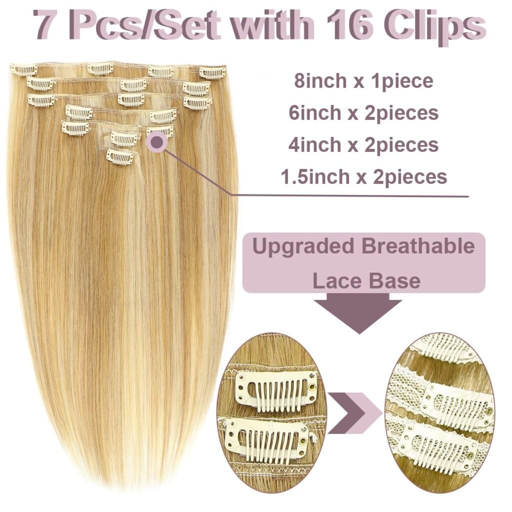 Clip in Hair Extensions Real Human Hair Blonde Clip in Hair Extensions 18inch 110g 7pcs Caramel Blonde to Bleach Blonde Highlight Human Hair Straight Extensions Clip in for Women