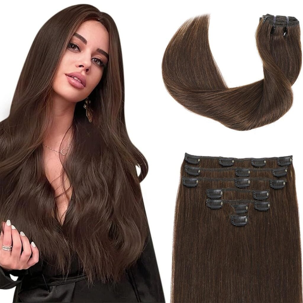 Clip in Hair Extensions Real Human Hair Blonde Clip in Hair Extensions 18inch 110g 7pcs Caramel Blonde to Bleach Blonde Highlight Human Hair Straight Extensions Clip in for Women