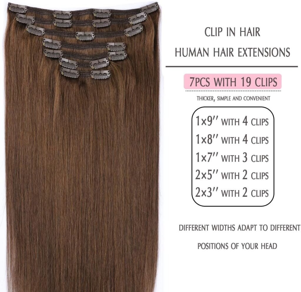 Clip in Hair Extensions Real Human Hair, Chocolate Brown 18 Inch 160g 7pcs, SURNEL Human Hair Clip in Extensions Real Hair Extensions Clip in Human Hair Straight Thick(#4-18)