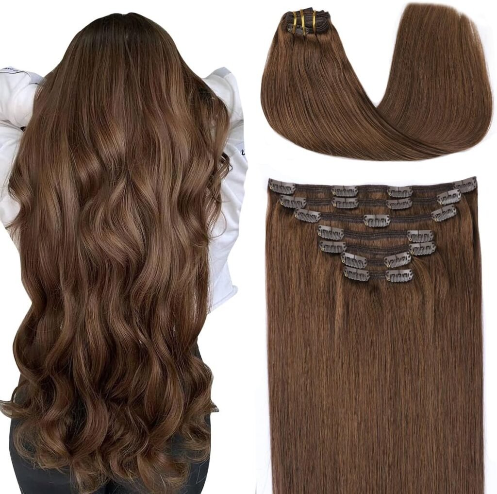 Clip in Hair Extensions Real Human Hair, Chocolate Brown 18 Inch 160g 7pcs, SURNEL Human Hair Clip in Extensions Real Hair Extensions Clip in Human Hair Straight Thick(#4-18)