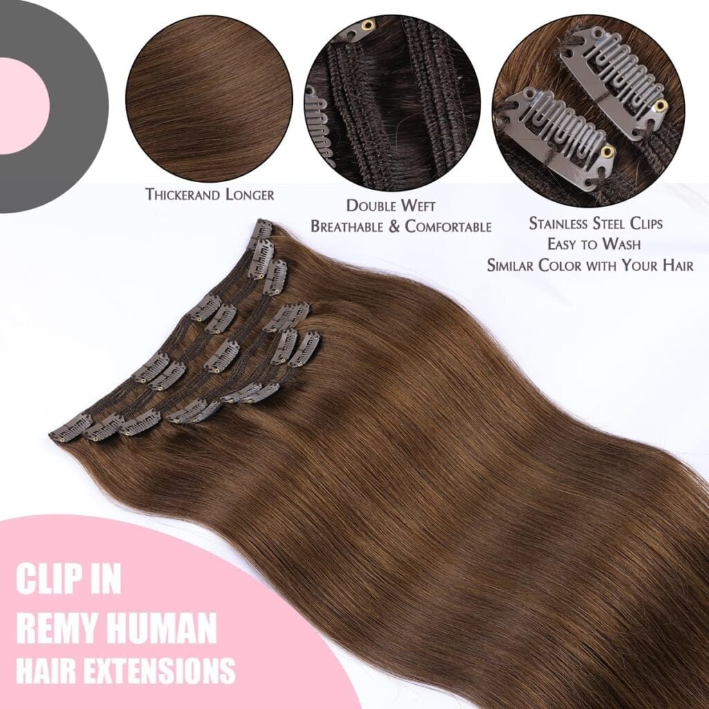 Clip in Hair Extensions Real Human Hair, Chocolate Brown 18 Inch 160g 7pcs, SURNEL Human Hair Clip in Extensions Real Hair Extensions Clip in Human Hair Straight Thick(#4-18)