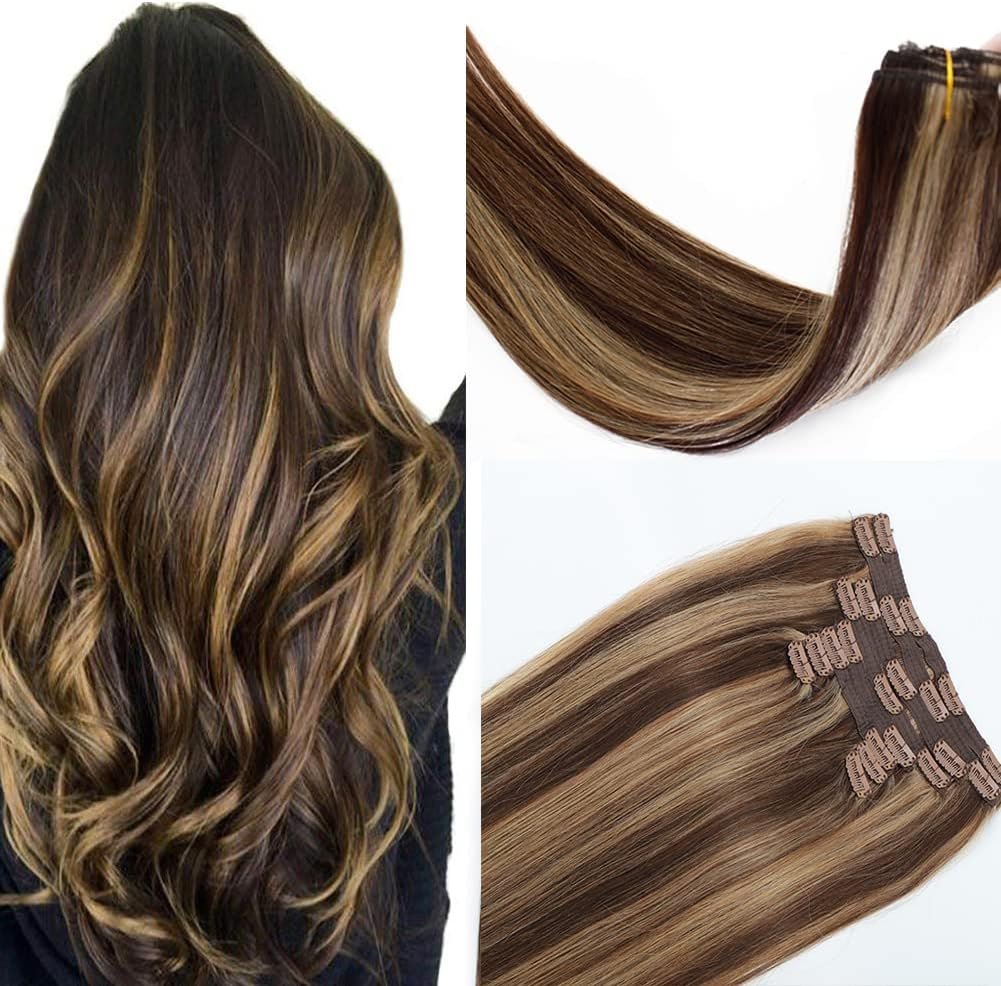 Clip in Hair Extensions, Real Human Hair Clip in Extensions Remy Hair Extensions Clip in Human Hair Balayage Chocolate Brown to Dirty Blonde 4/18 Extensiones De Cabello Natural Clip 18inch 100g10pcs