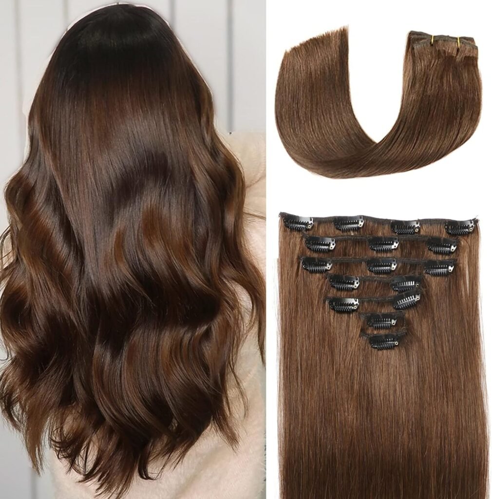 Clip in Hair Extensions Real Human Hair For Women Medium Brown Hair Extensions 70g 100% Remy Virgin Human Hair Clip In Extensions Double Weft Clips Straight Soft Hair No Tangles 22inch