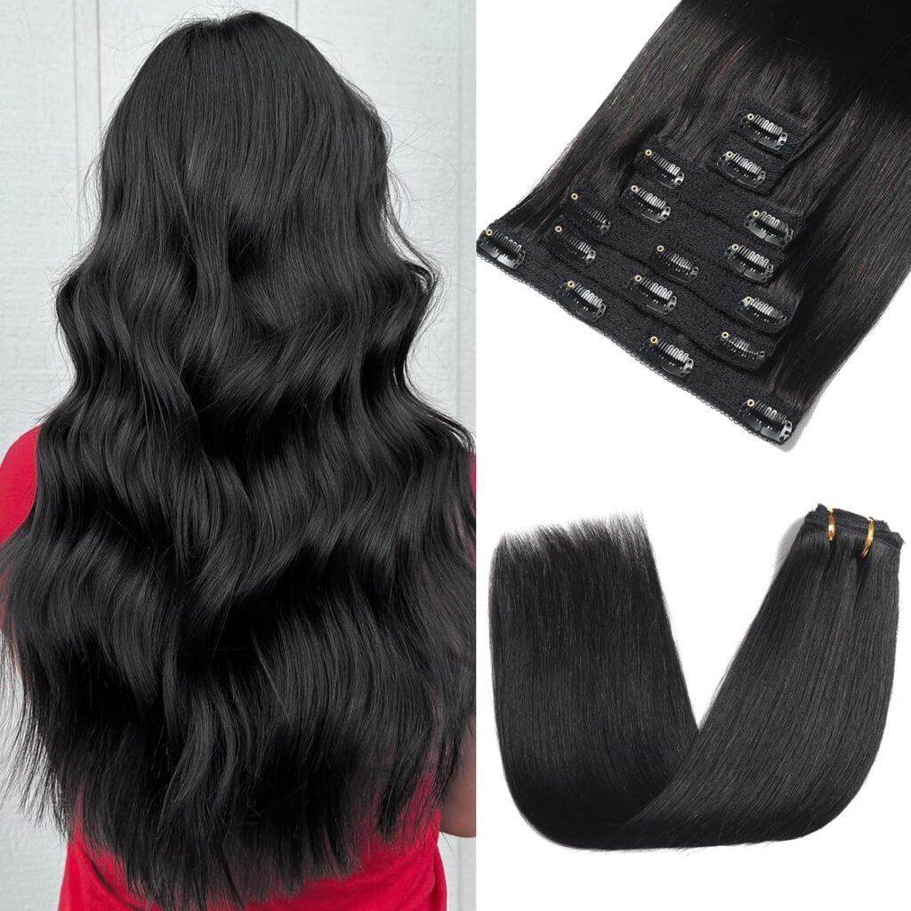 Clip in Hair Extensions Real Human Hair, Hair Extensions Real Human Hair Clip ins Natural Black 7pcs Straight, Premium Soft Remy Human Hair Clip in Extensions for Women (#1B 16 Inch)