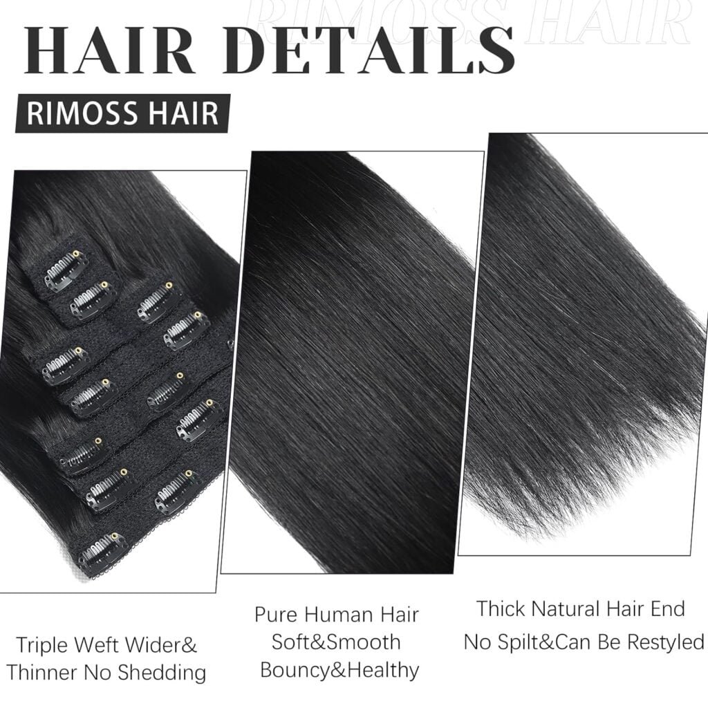 Clip in Hair Extensions Real Human Hair, Hair Extensions Real Human Hair Clip ins Natural Black 7pcs Straight, Premium Soft Remy Human Hair Clip in Extensions for Women (#1B 16 Inch)