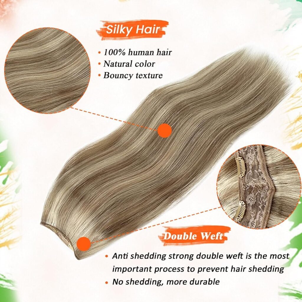Clip in Hair Extensions Real Human Hair, One Piece Seamless Human Hair Clip in Extensions Beige Blonde to Platinum Blonde Clip ins Human Hair Extensions Double Weft Clip on Remy Hair Extension 16” 80G