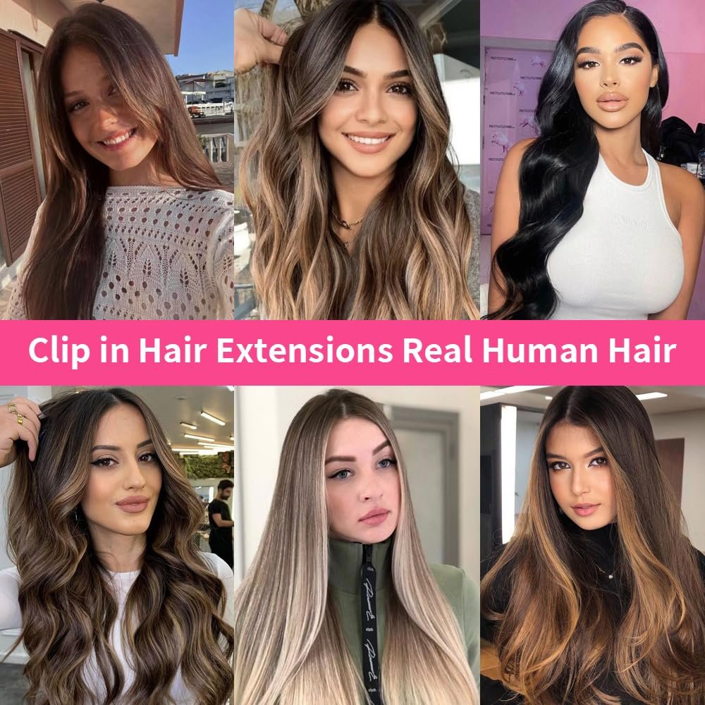 Clip in Hair Extensions Real Human Hair, Remy Human Hair Clip in Extensions Dark Brown Hair Extensions Clip in Human Hair (16 Inch, Dark Brown #2)