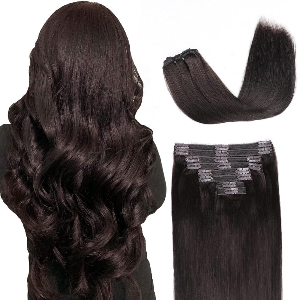 Clip in Hair Extensions Real Human Hair, Remy Human Hair Clip in Extensions Dark Brown Hair Extensions Clip in Human Hair (16 Inch, Dark Brown #2)