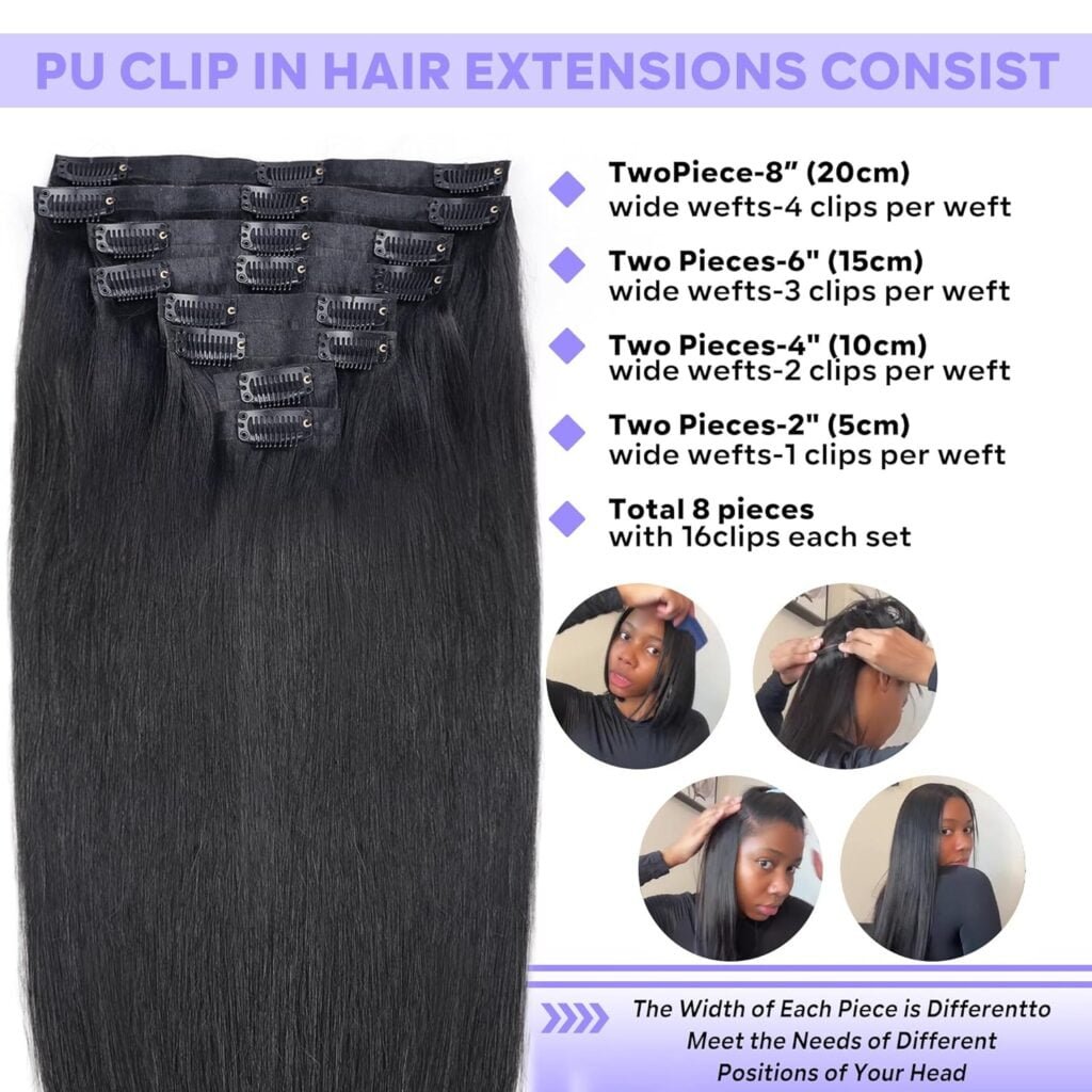 Clip in Hair Extensions Real Human Hair Straight Brazilian Human Hair Clip in Extensions 8Pcs Seamless Clip ins for Black Women Lace Weft 18Clips 120g (18inch, Natural Black)