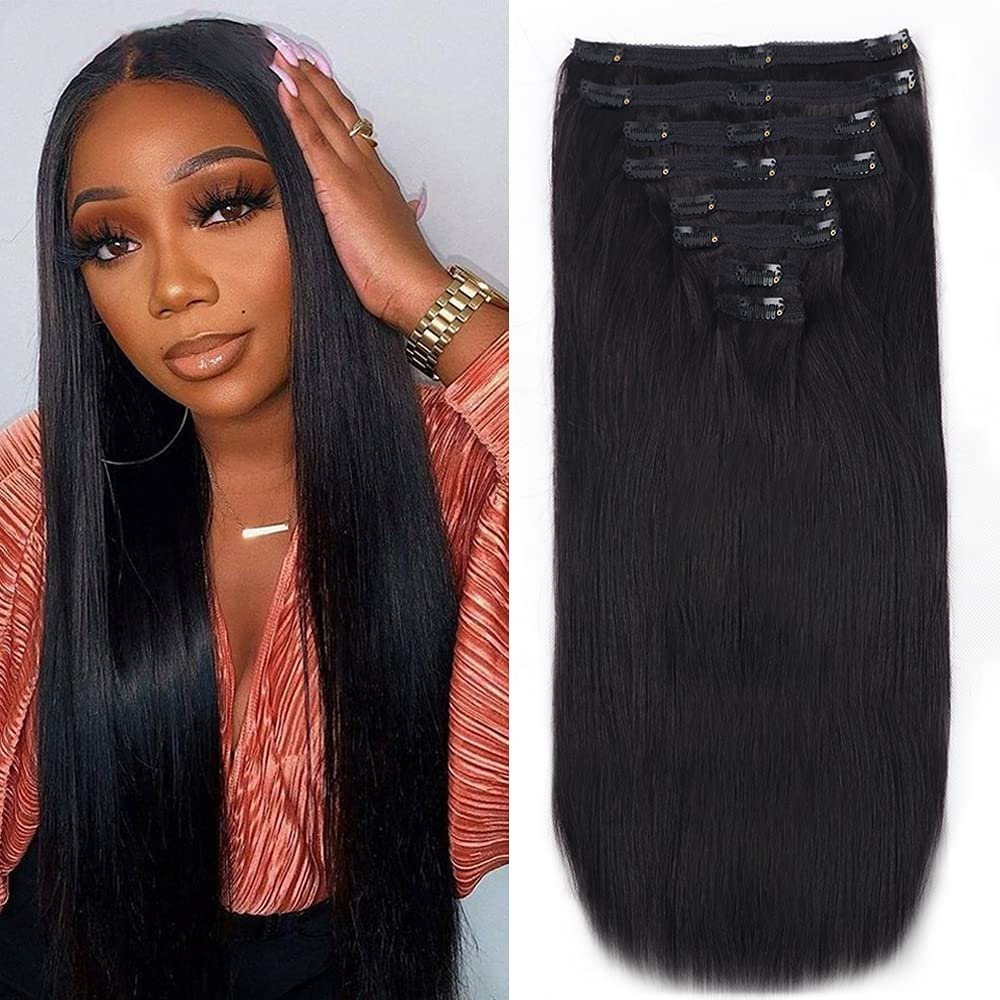 Clip in Hair Extensions Real Human Hair Straight Brazilian Human Hair Clip in Extensions 8Pcs Seamless Clip ins for Black Women Lace Weft 18Clips 120g (18inch, Natural Black)