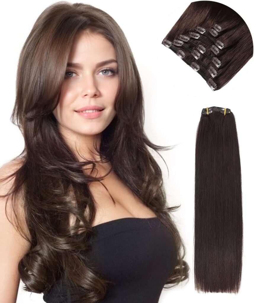 clip in hair extensions real human hair,18in 120g 7pcs seamless 16 clips on hair extensions 100% real human Dark Brown hair for Women