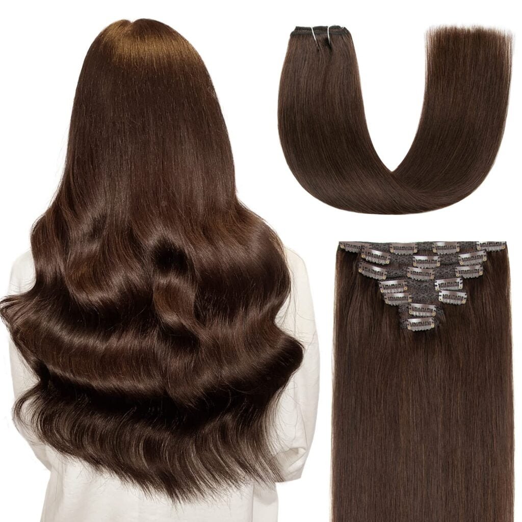 Clip in Human Hair Extensions Remy Human Hair 16 inches Darkest Brown 120 Gram 7 Pieces Seamless Double Weft Straight Real Hair Extensions Clip in Human Hair(16 inches #2 Darkest Brown)