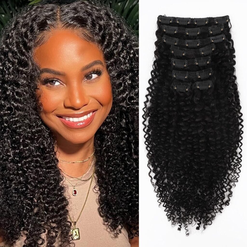 Curly Clip in Hair Extensions Real Human Hair 3C 4A Kinky Curly Full Head for Black Women Natural Color 100% Brazilian Virgin Human Hair Extensions 8Pcs with 18clips 120g/Set (16 inch)