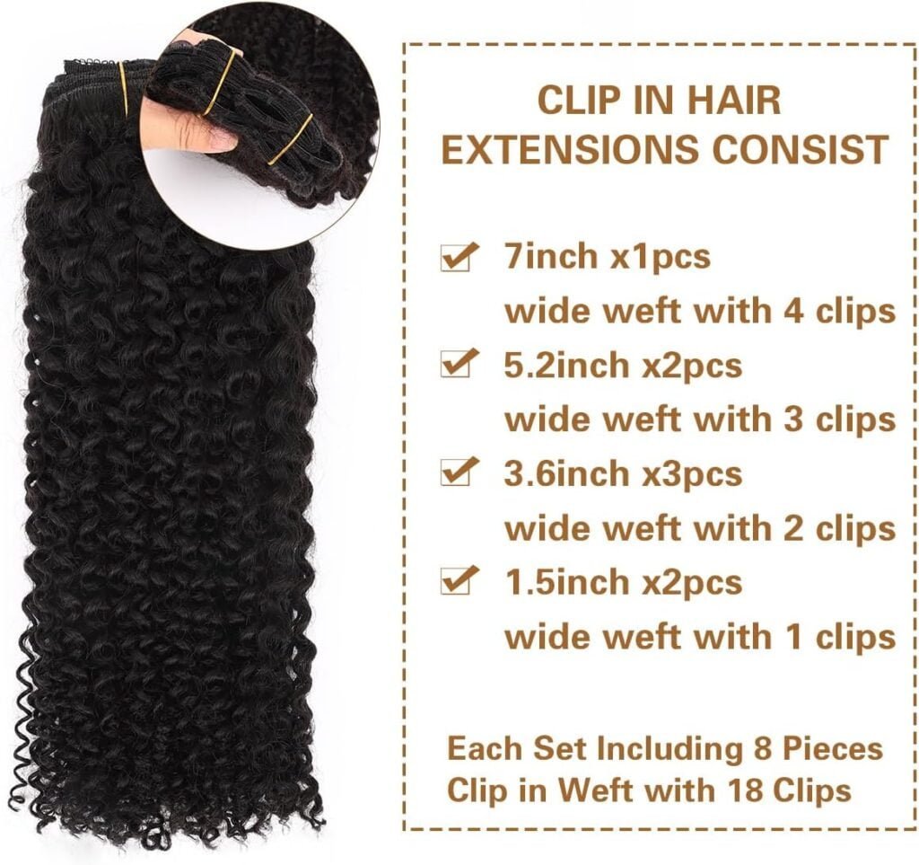 Curly Clip in Hair Extensions Real Human Hair 3C 4A Kinky Curly Full Head for Black Women Natural Color 100% Brazilian Virgin Human Hair Extensions 8Pcs with 18clips 120g/Set (16 inch)