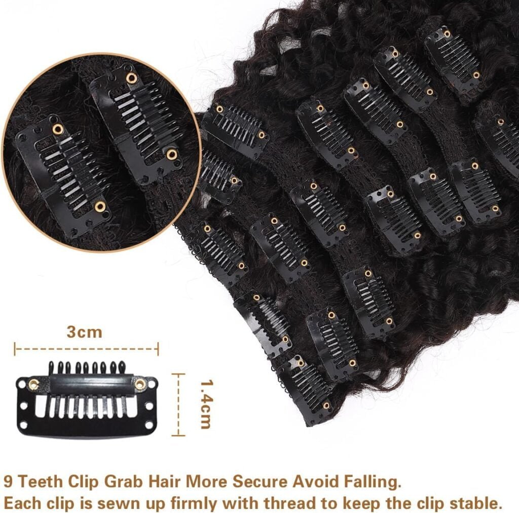 Curly Clip in Hair Extensions Real Human Hair 3C 4A Kinky Curly Full Head for Black Women Natural Color 100% Brazilian Virgin Human Hair Extensions 8Pcs with 18clips 120g/Set (16 inch)