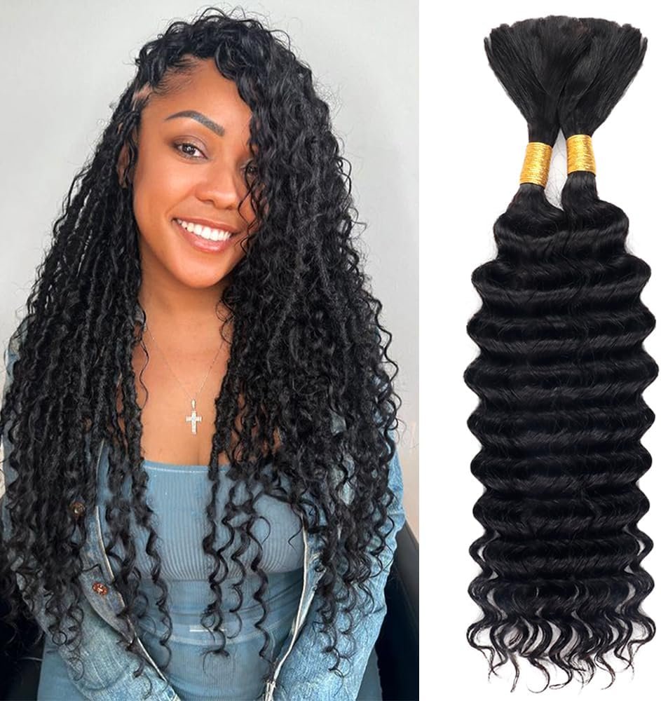Deep Wave Bulk Human Hair For Braiding 100% Unprocessed Brazilian Virgin Human Hair Extensions Two Bundles Micro Braiding Human Hair 100g No Weft(18inch, Natural Black)