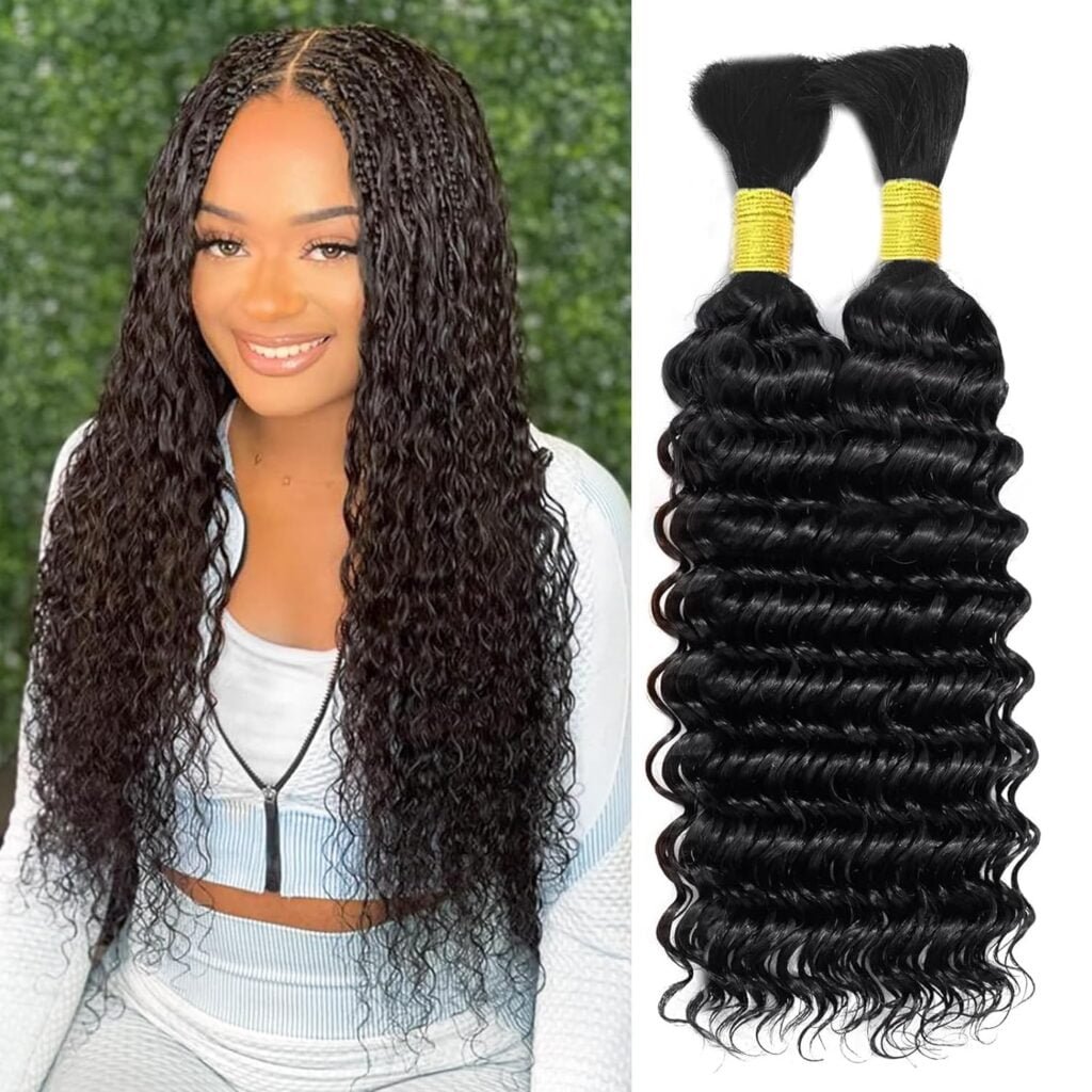 Deep Wave Bulk Human Hair for Braiding No Weft 100g (1Pack-2Bundles) Micro Braiding Hair Braids Extensions Unprocessed Virgin Human Hair Extensions Remy Bulk Hair 2 Braids Per Pack (18 Inch,black)