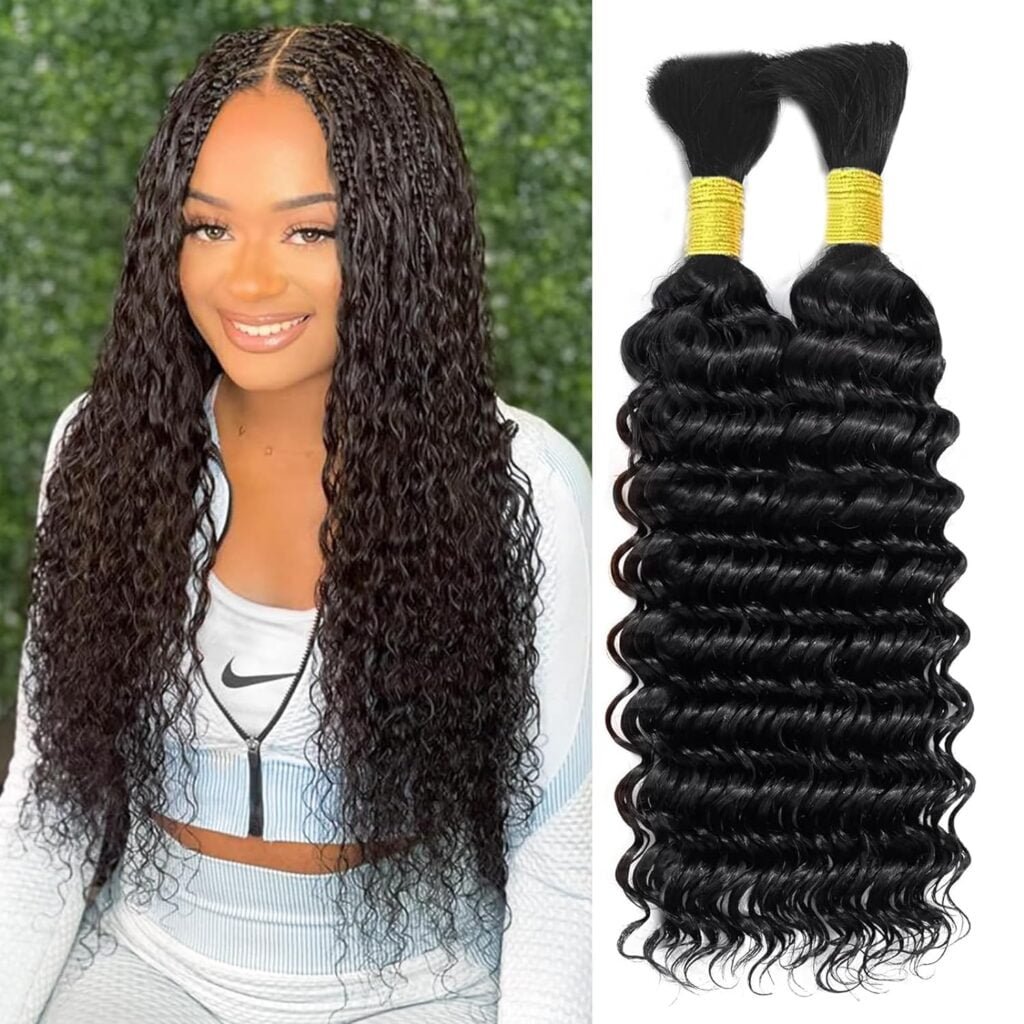 Deep Wave Bulk Human Hair for Braiding No Weft 100g (1Pack-2Bundles) Micro Braiding Hair Braids Extensions Unprocessed Virgin Human Hair Extensions Remy Bulk Hair 2 Braids Per Pack (18 Inch,black)