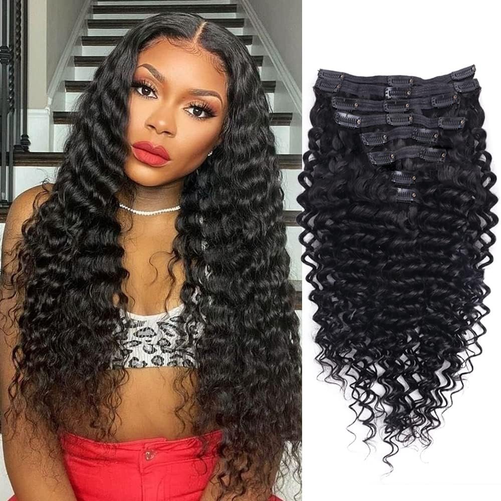 Deep Wave Clip ins Human Hair Extensions for Women 8Pcs Deep Wave Clip in Hair Extensions Real Human Hair Thick to Ends with 18Clips Double Weft 120g (20 inch, Natural Color)