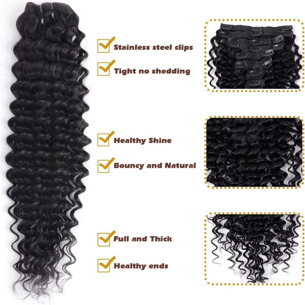 Deep Wave Clip ins Human Hair Extensions for Women 8Pcs Deep Wave Clip in Hair Extensions Real Human Hair Thick to Ends with 18Clips Double Weft 120g (20 inch, Natural Color)