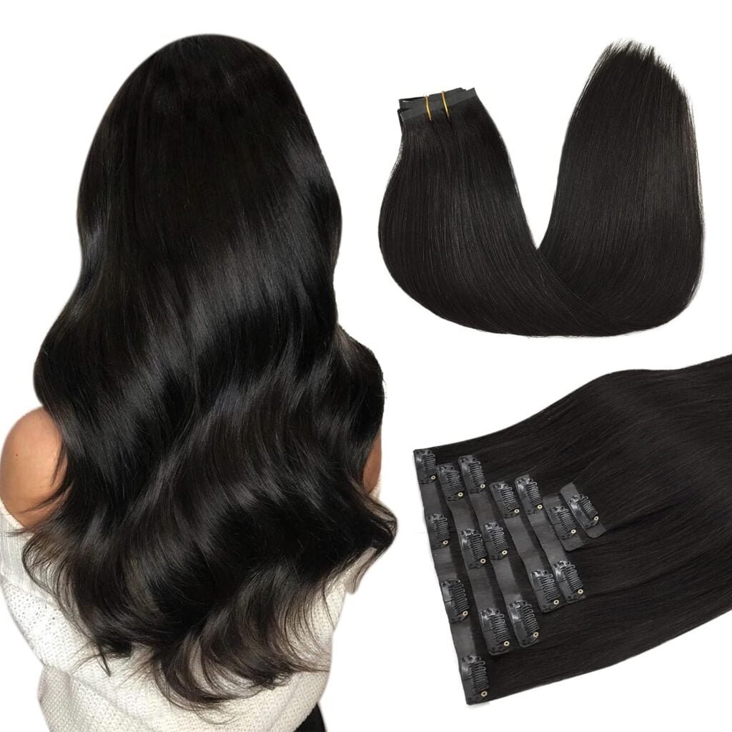 DOORES Seamless Clip in Human Hair Extensions, Natural Black 18 Inch 130g 7pcs, Clip in Hair Extensions Human Hair Remy Hair Extensions Straight Thick Natural Invisi Edge Hair Extensions