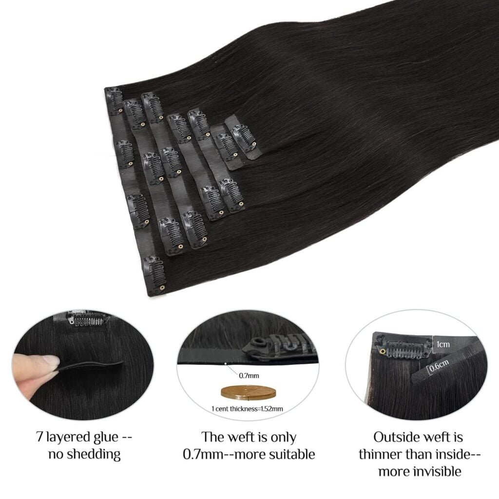 DOORES Seamless Clip in Human Hair Extensions, Natural Black 18 Inch 130g 7pcs, Clip in Hair Extensions Human Hair Remy Hair Extensions Straight Thick Natural Invisi Edge Hair Extensions