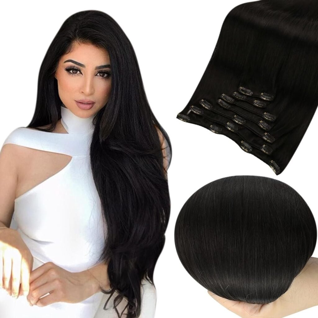 Full Shine Black Clip in Hair Extensions Natural Black Human Hair Clip in Extensions for Women Clip in Human Hair Extensions Natural Hair 7Pcs 10inch 100g