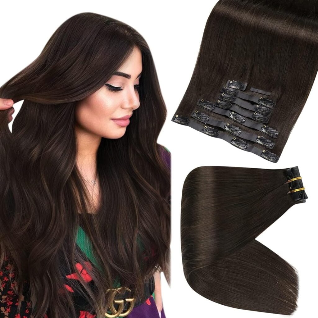 Full Shine Clip in Hair Extensions Dark Brown Clip in Hair Extensions Real Human Hair 16 Inch Human Hair Clip in Extensions 120Gram 8Pcs+One Long Hair Extension Storage Bag With Hair Extension Hanger