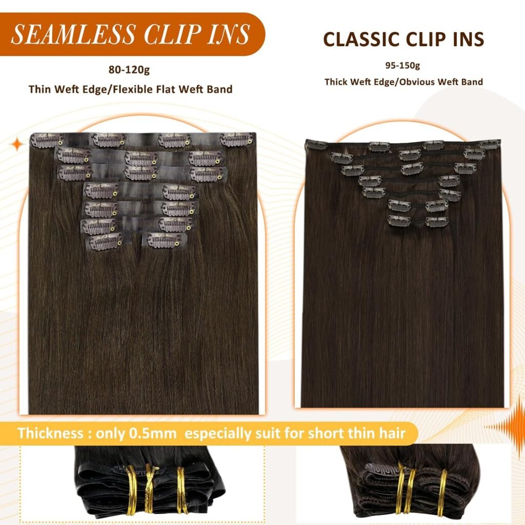 Full Shine Clip in Hair Extensions Dark Brown Clip in Hair Extensions Real Human Hair 16 Inch Human Hair Clip in Extensions 120Gram 8Pcs+One Long Hair Extension Storage Bag With Hair Extension Hanger