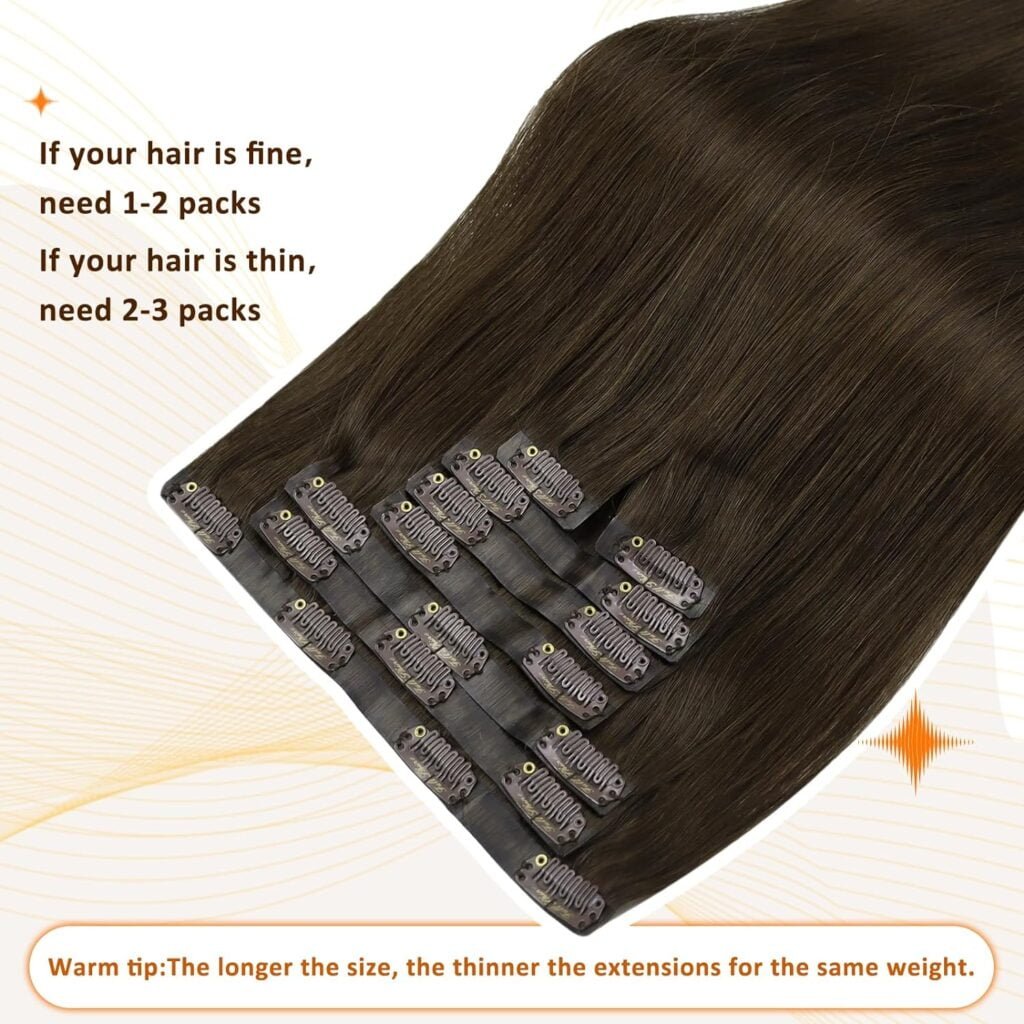 Full Shine Clip in Hair Extensions Dark Brown Clip in Hair Extensions Real Human Hair 20 Inch Human Hair Clip in Extensions 120Gram 8Pcs+One Long Hair Extension Storage Bag With Hair Extension Hanger