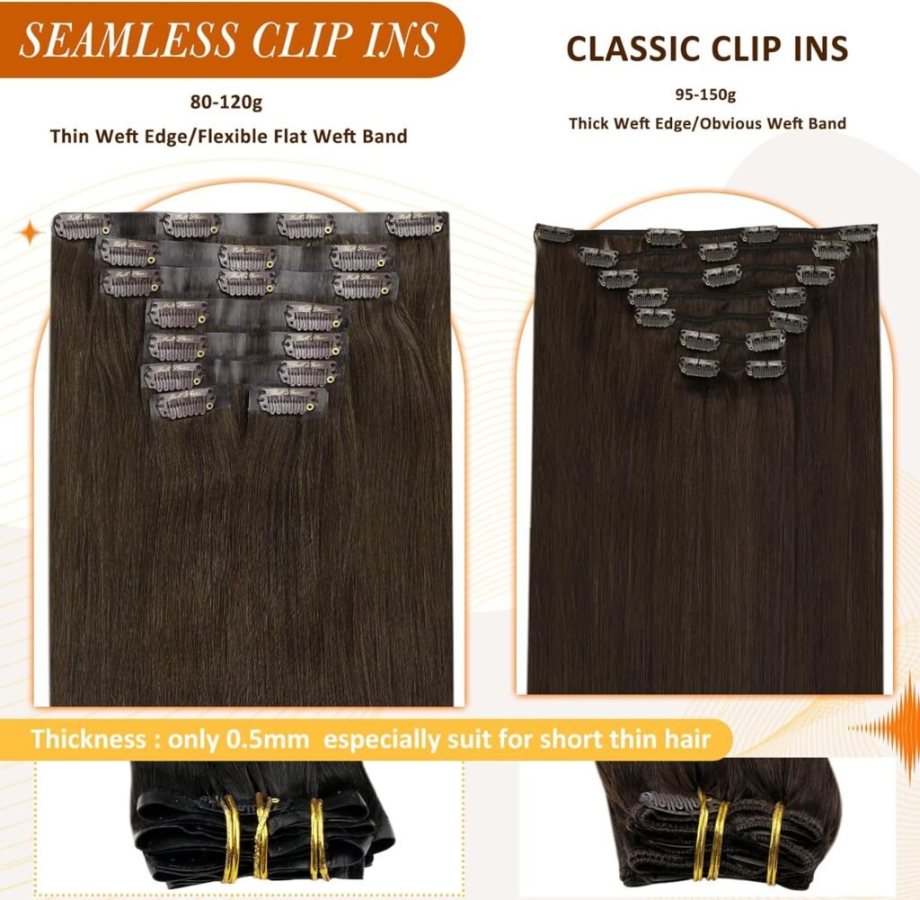 Full Shine Clip in Hair Extensions Dark Brown Clip in Hair Extensions Real Human Hair 20 Inch Human Hair Clip in Extensions 120Gram 8Pcs+One Long Hair Extension Storage Bag With Hair Extension Hanger